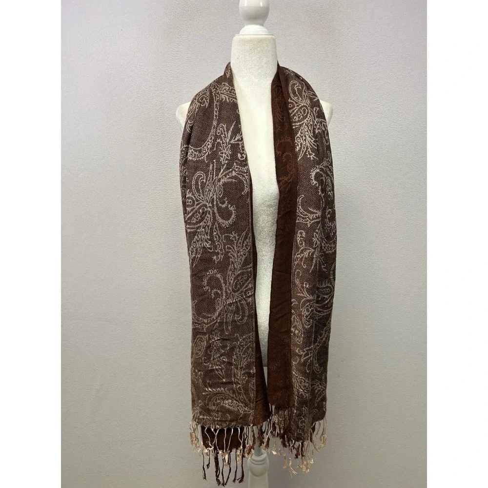Boho Dark Academia PS Womens OS Brown Paisley Pashmina Shawl Scarf Wrap